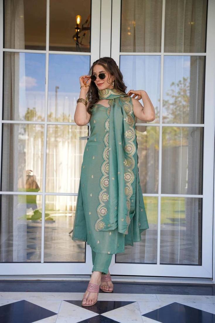 The52 Women Viscose Zari Chanderi Fabric Straight Kurta, Pant and Dupatta Set - Distacart