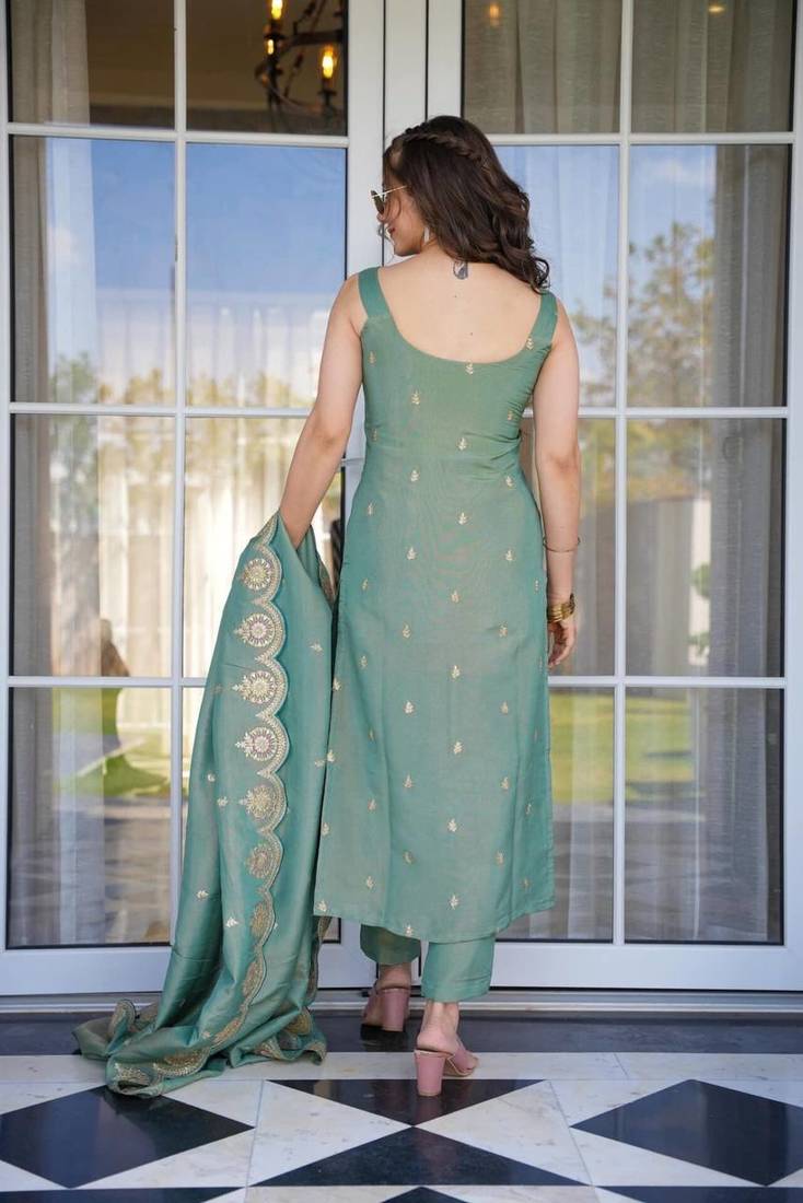 The52 Women Viscose Zari Chanderi Fabric Straight Kurta, Pant and Dupatta Set - Distacart