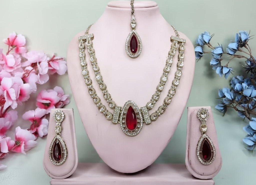 Jewel City Teardrop Bridal Necklace Set with Earrings & Maang Tikka - Ethnic Wedding Jewelry for Brides & Parties