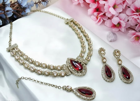 Jewel City Teardrop Bridal Necklace Set with Earrings & Maang Tikka - Ethnic Wedding Jewelry for Brides & Parties
