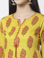 Myshka Women Yellow Pure Cotton Printed 3/4 Sleeve Round Neck Kurta