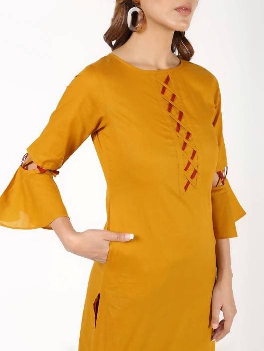 Aniyah Cotton Criss Cross Bell Sleeves Straight Mustard Color Kurta (AN-146K)