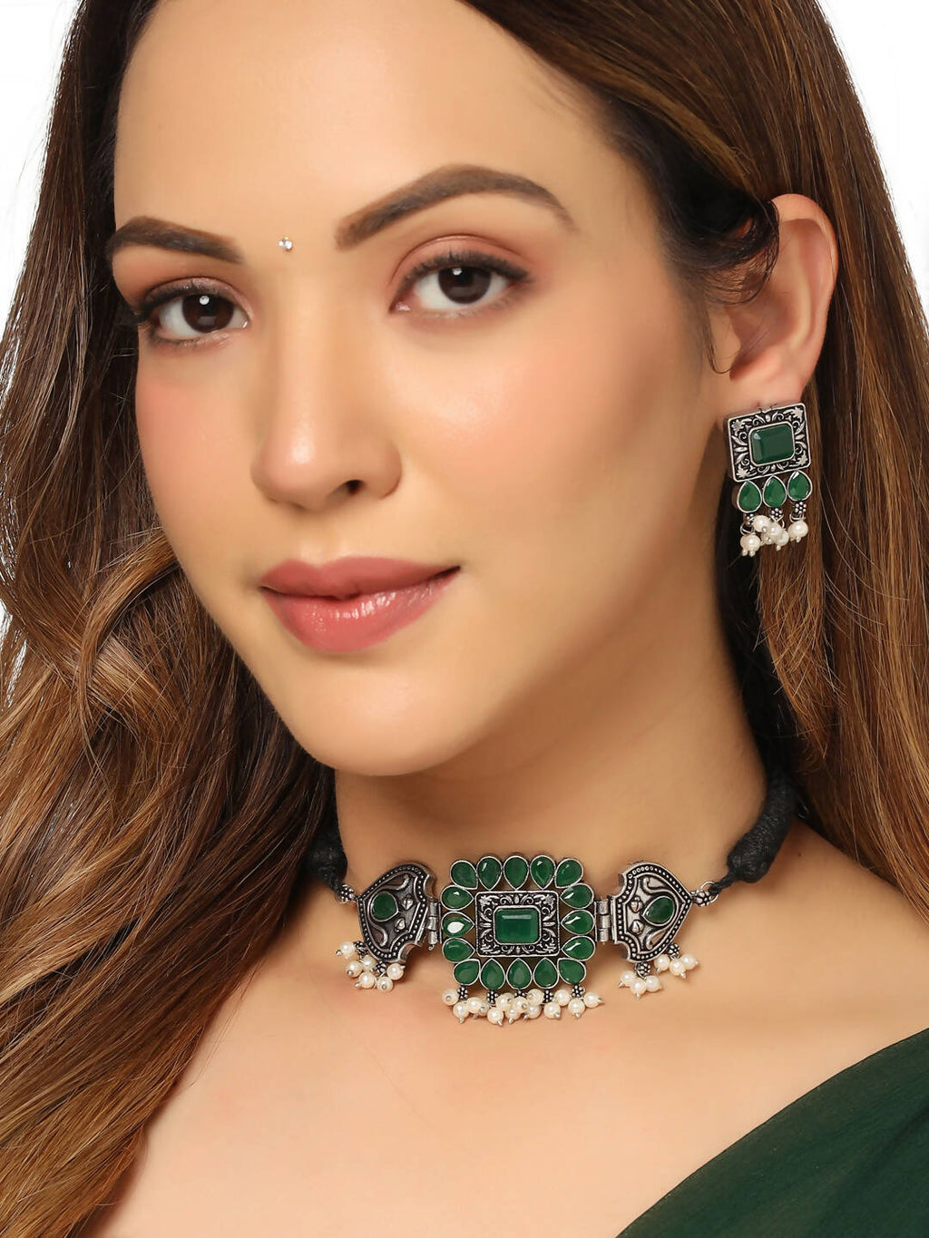 NVR Women's Oxidised Silver Plated Green Color Stone Jewellery Set With Earrings - Distacart