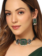 NVR Women's Oxidised Silver Plated Green Color Stone Jewellery Set With Earrings - Distacart
