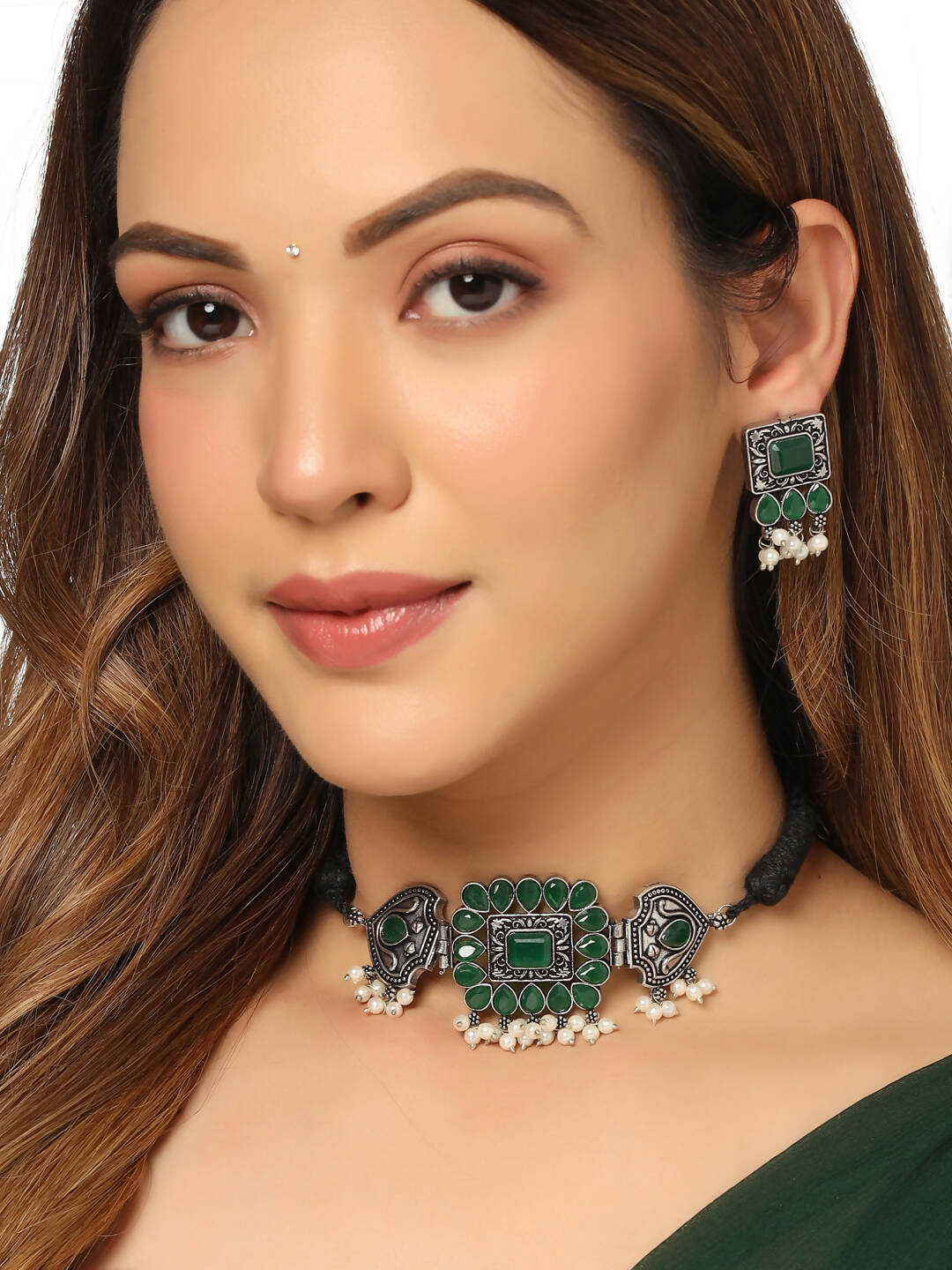 NVR Women's Oxidised Silver Plated Green Color Stone Jewellery Set With Earrings - Distacart