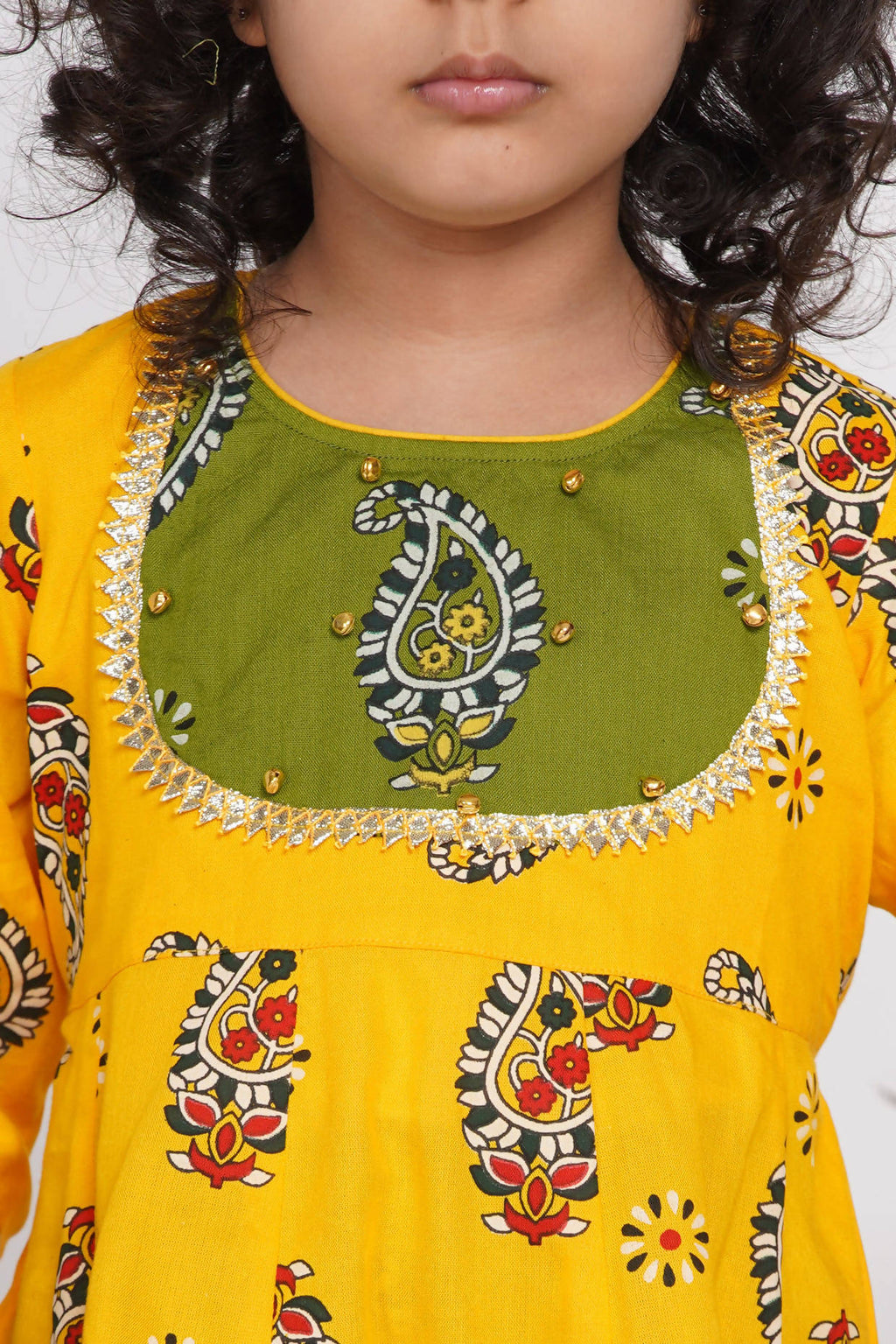 Little Bansi Girls Cotton Floral Kurta with Frill Sharara & Dupatta - Yellow & Green