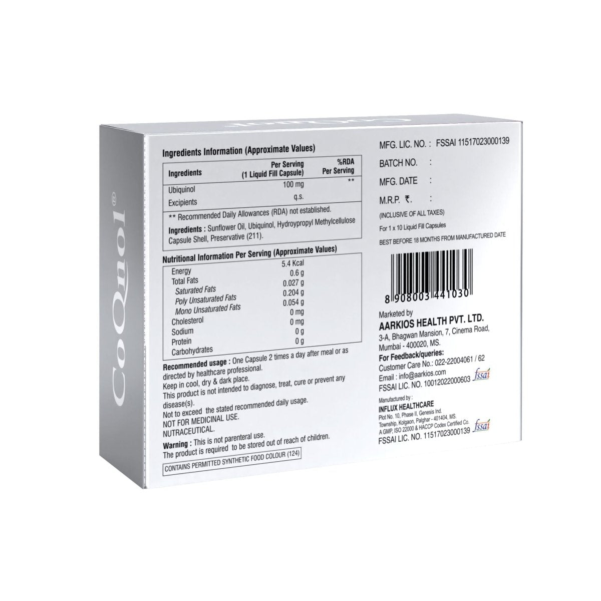 Aarkios CoQnol Ubiquinol 100 mg Capsules - Distacart