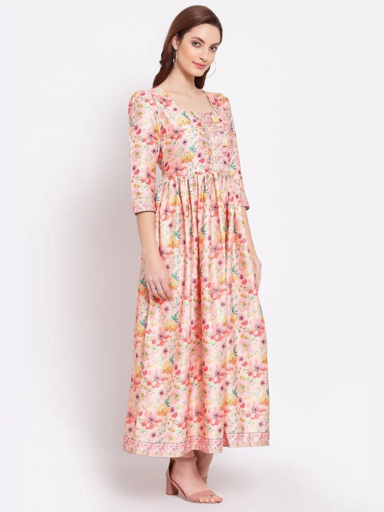 Myshka Women's Multi Printed Cotton Blend 3/4 Sleeve Squre Casual Dress
