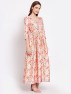 Myshka Women's Multi Printed Cotton Blend 3/4 Sleeve Squre Casual Dress
