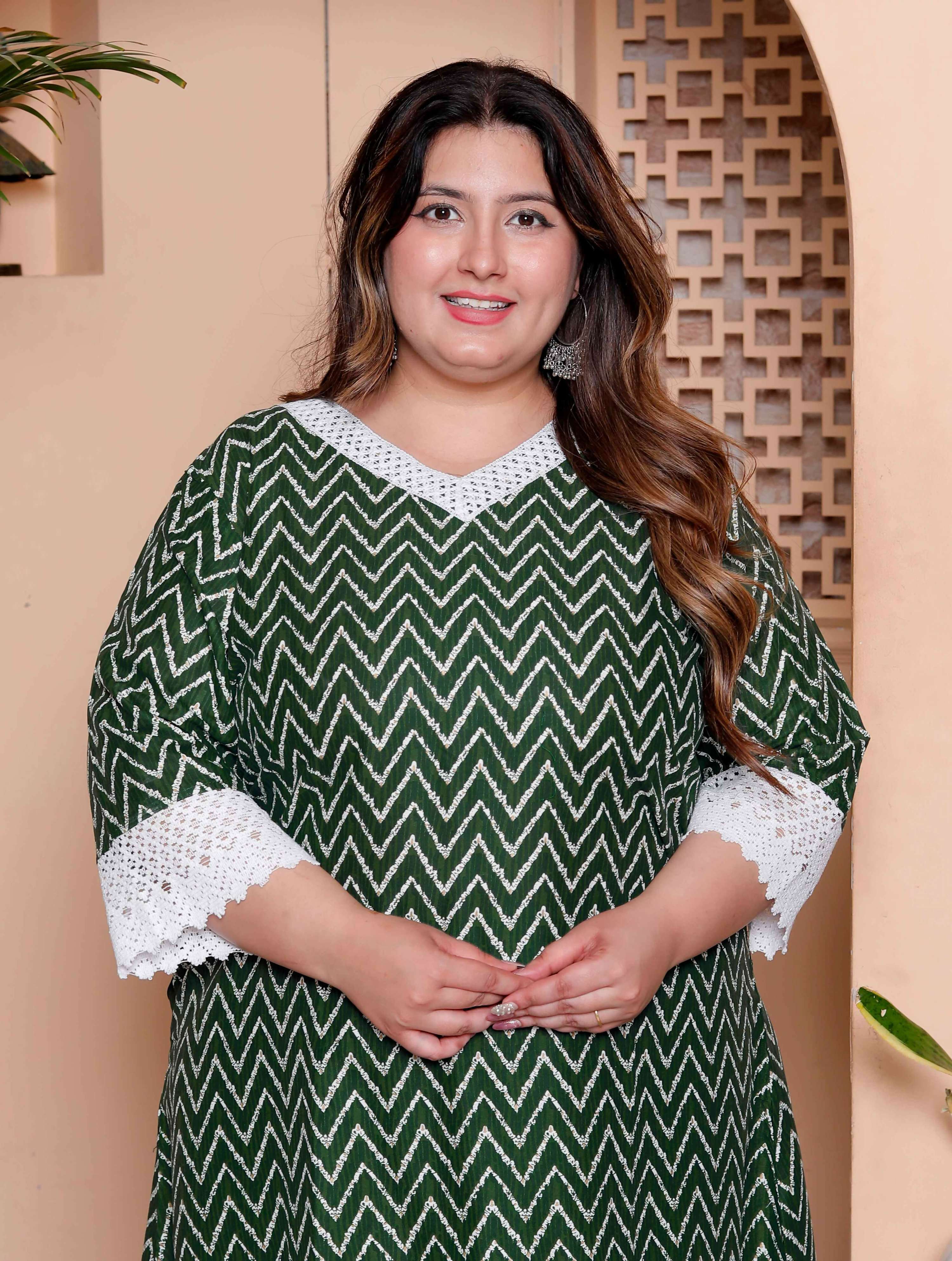 Miravan Womens Plus Size Green Rayon Zigzag Print Kurta with Palazzo set - Distacart