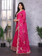 Vastranavya Pink Embroidery Work Shimmer Chiffon Saree with Unstitched Blouse - Distacart