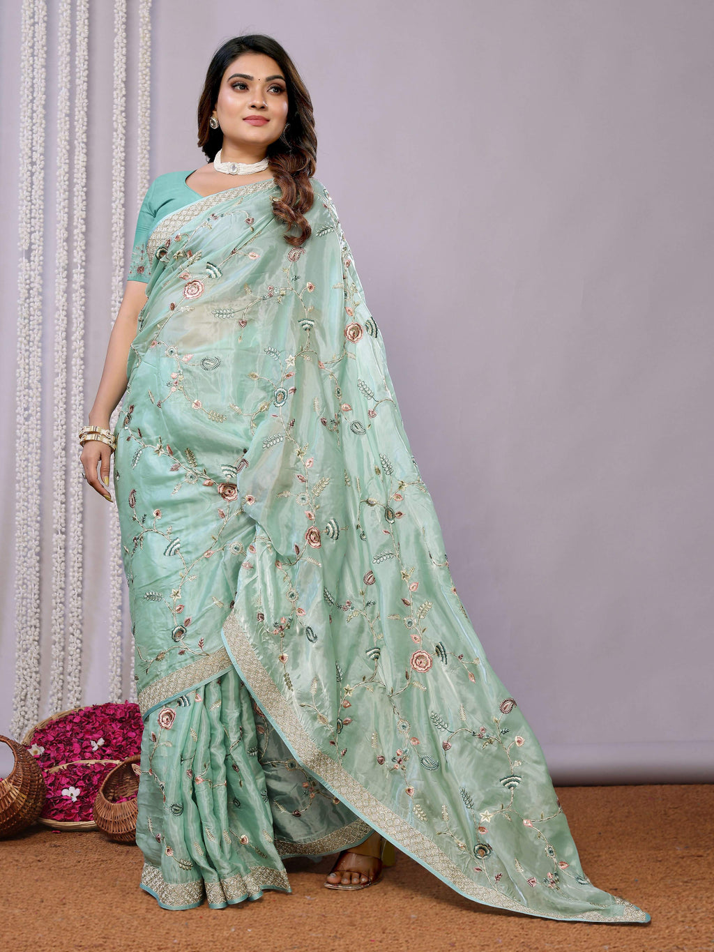 Blue Satin Silk Embroidered Saree With Stitched Blouse - Nimaya Kaksha