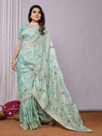 Blue Satin Silk Embroidered Saree With Stitched Blouse - Nimaya Kaksha