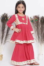 Little Bansi Floral Embroidery Jacket With Cotton Kantha Frock Sharara And Dupatta With Ghungroo Handwork - Red