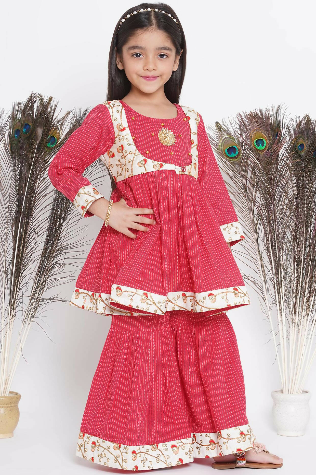 Little Bansi Floral Embroidery Jacket With Cotton Kantha Frock Sharara And Dupatta With Ghungroo Handwork - Red