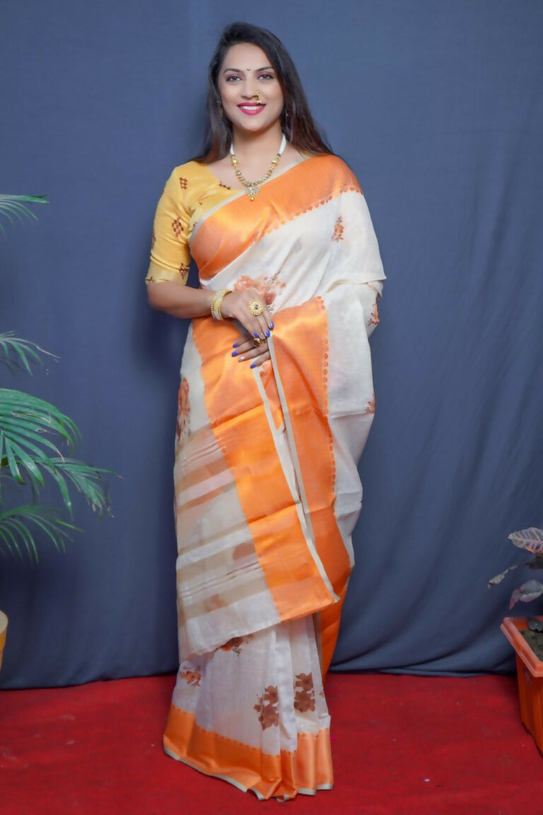 Jyoti Fashion Women's Orange Linen Silk Digital Print with Jacquard Woven Border Saree with Blouse