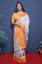 Jyoti Fashion Women's Orange Linen Silk Digital Print with Jacquard Woven Border Saree with Blouse