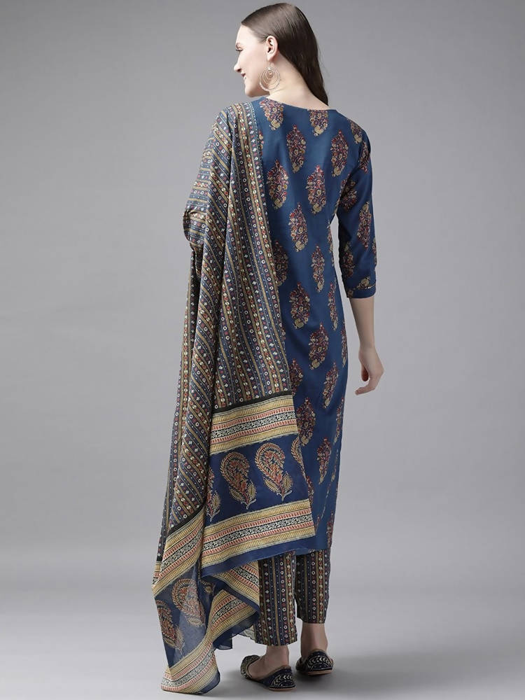 Yufta Women Blue and Red Ethnic Motifs Pure Cotton Kurta with Trouser and Dupatta