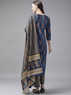 Yufta Women Blue and Red Ethnic Motifs Pure Cotton Kurta with Trouser and Dupatta