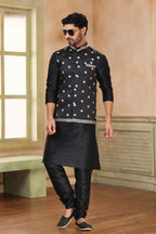 Raivat Ethnic Jacquard Banarasi Silk Woven Work 3 Pics Jacket Set In Black Colour - Distacart
