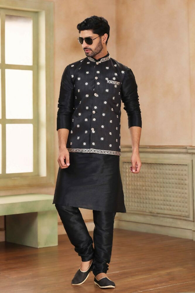Raivat Ethnic Jacquard Banarasi Silk Woven Work 3 Pics Jacket Set In Black Colour - Distacart