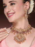 NVR Women's Gold-Polished Pink Stone Studded Lakshmi Temple Jewellery Set