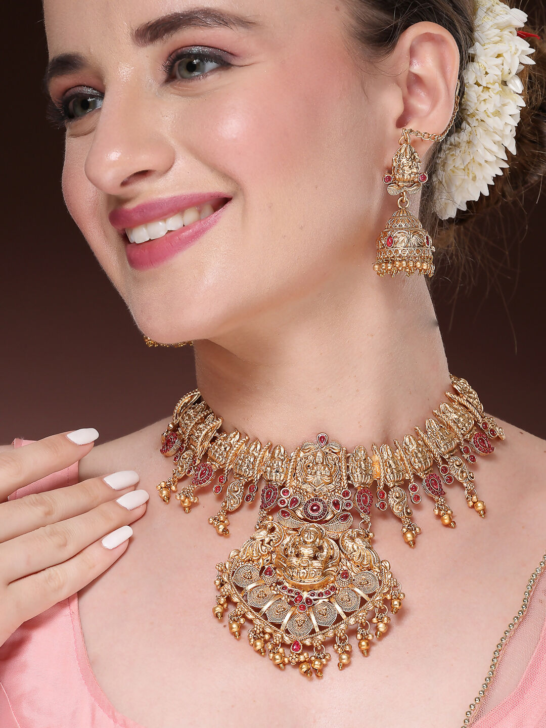 NVR Women's Gold-Polished Pink Stone Studded Lakshmi Temple Jewellery Set