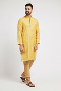 Ethnic India Yellow Men's Kurta Woven Design Polyester