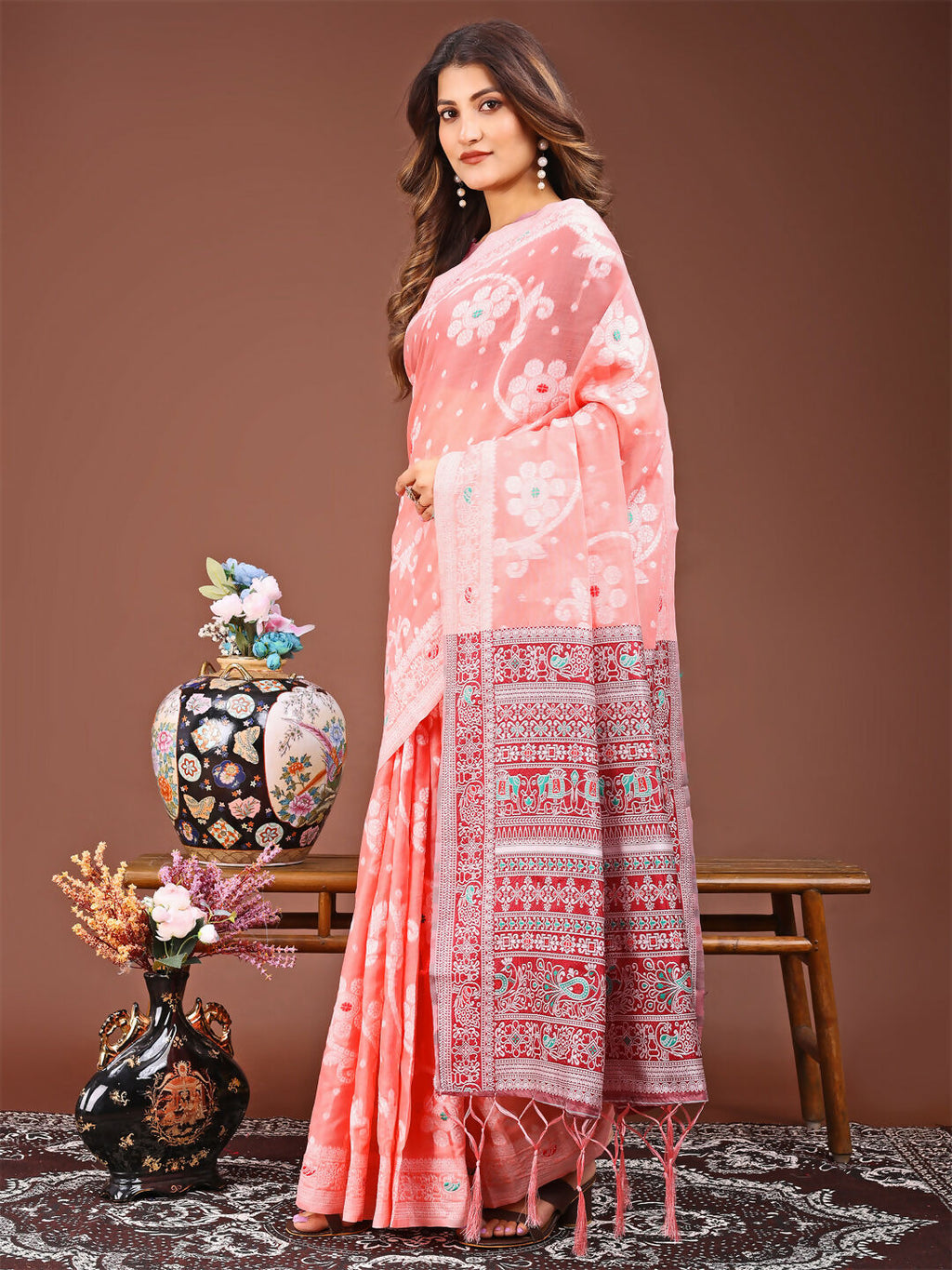 Shree Shyam Fashion Anaya Peach Linen Cotton Saree