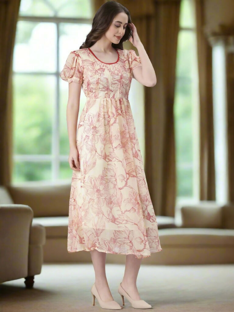 Souchii Cream & Red Floral Printed Fit & Flare Dress