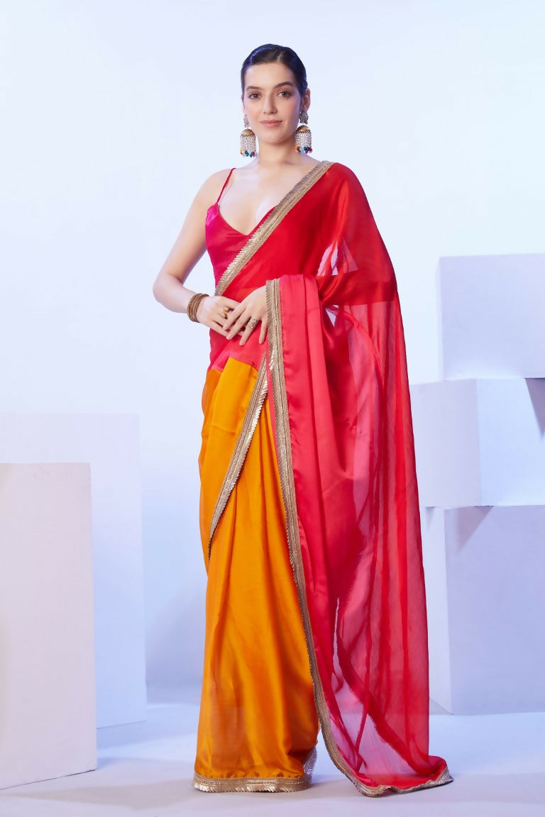 Red Satin Moss Solid Designer & Lace Work Saree - Samaa