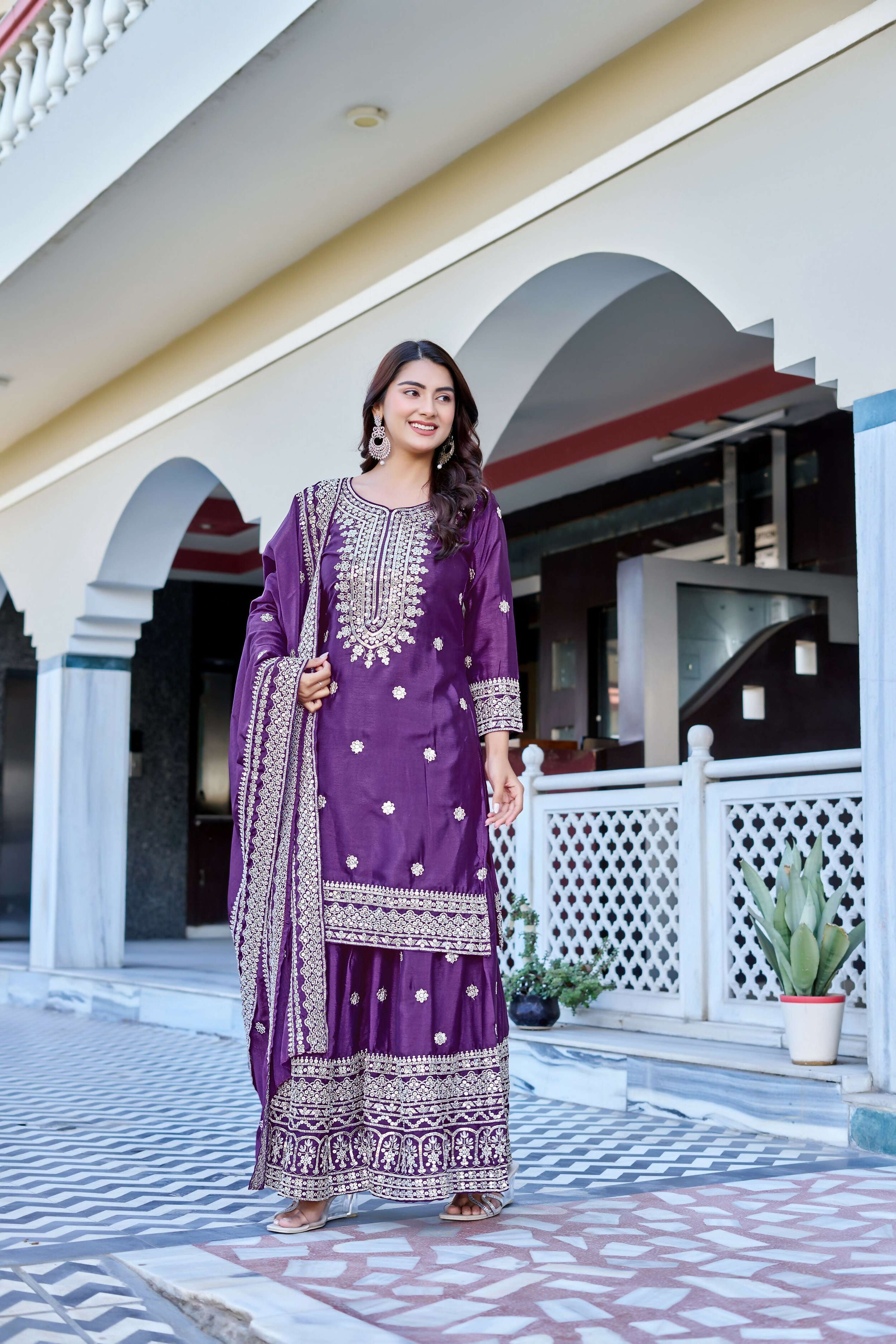 Teeya Creation Wine Color Chinon Silk Heavy Embroidery Work Wedding Wear Sharara - Distacart