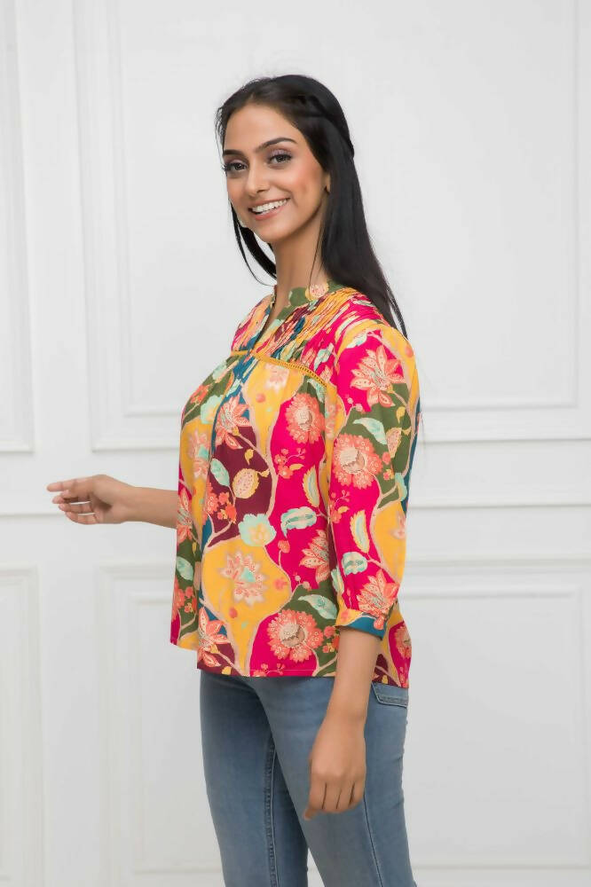 Myshka Women Multi Floral Mandarin Collar Regular Sleeves Viscose Rayon Top - Distacart
