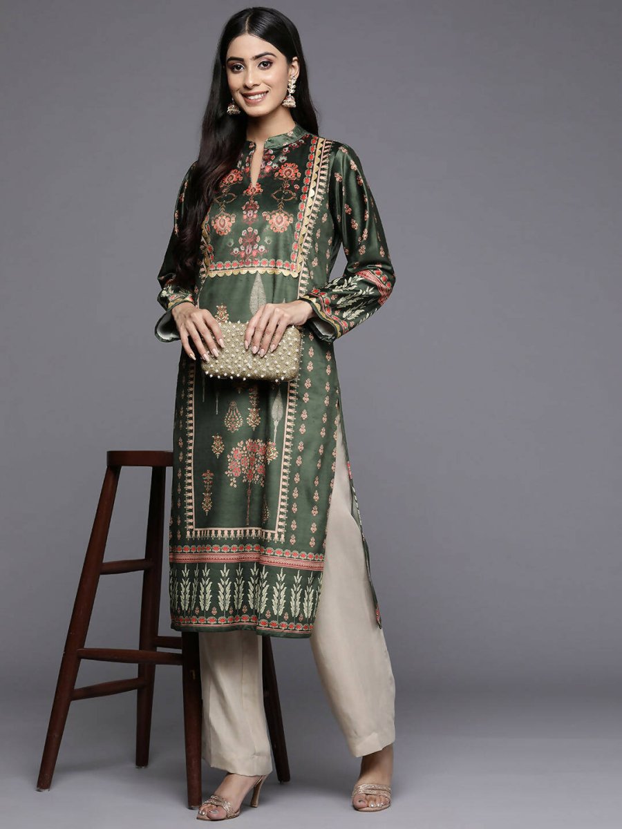 Ahalyaa Women Green & Pink Ethnic Motifs Printed Gotta Patti Velvet Kurta - Distacart