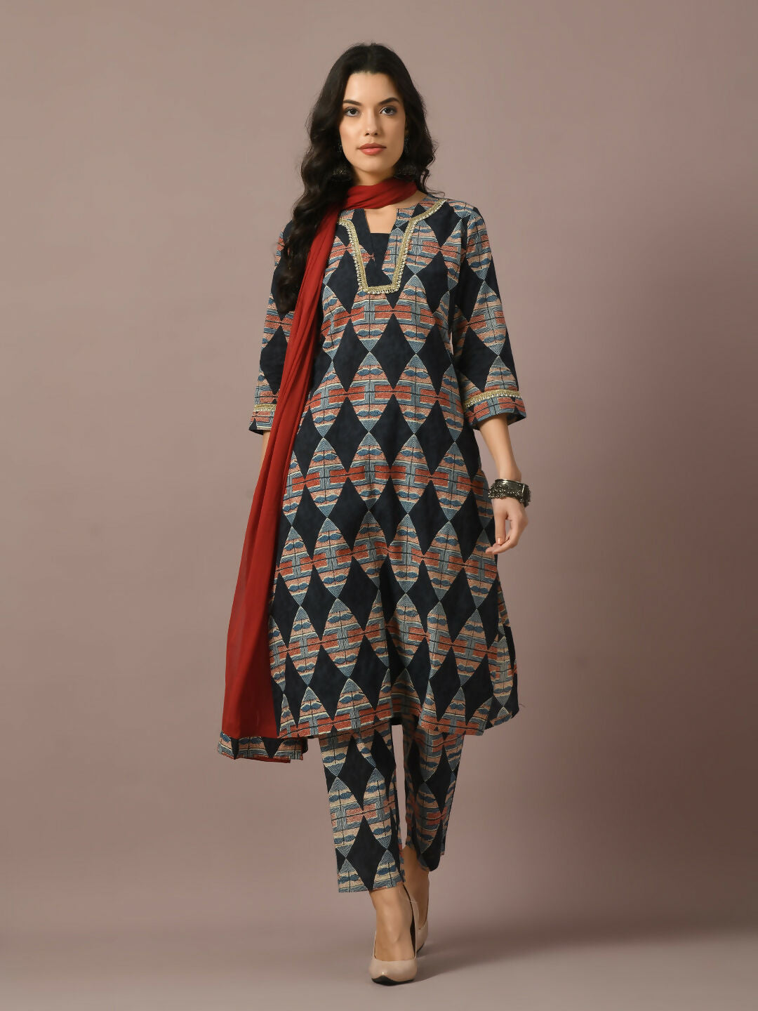 Myshka Women's Multi Printed Cotton Straight Party Kurta Set With Dupatta
