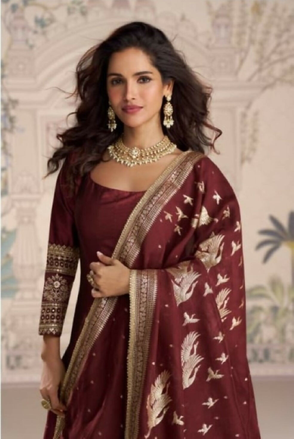 Anaita Maroon Vichitra Silk Anarkali Suit with Embroidery Sequins - Distacart