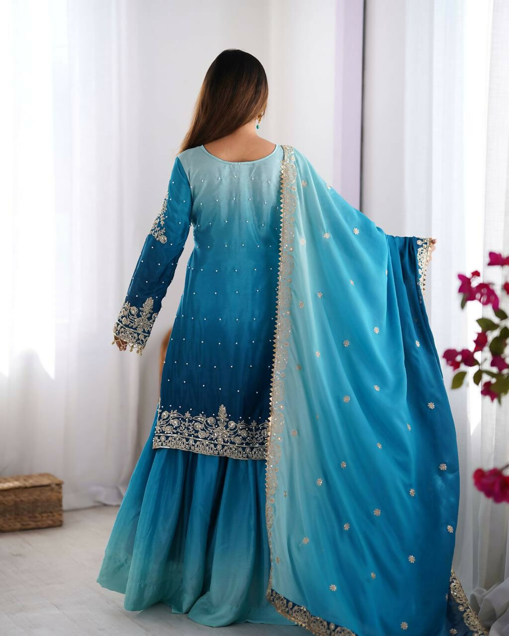 The52 Women's Beautiful Chinon silk Fabric Embroidery Work Straight Kurta Palazzo and Dupatta Set - Distacart