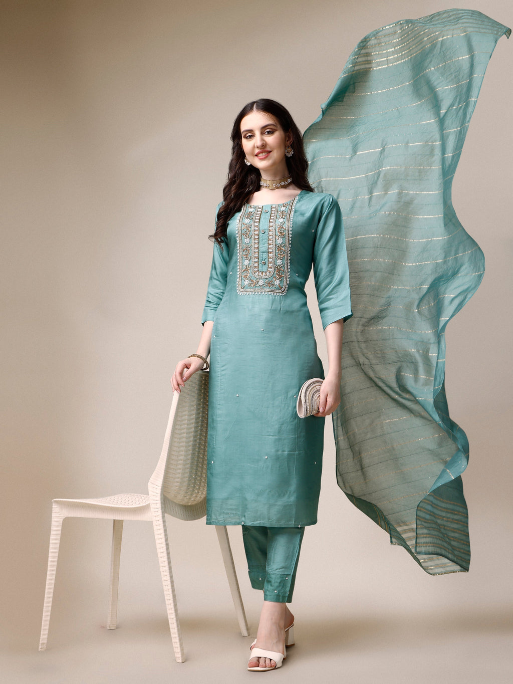 Embroidered Kurta With Pant & Dupatta Set, Multicolor - Hiral Fashion - Distacart
