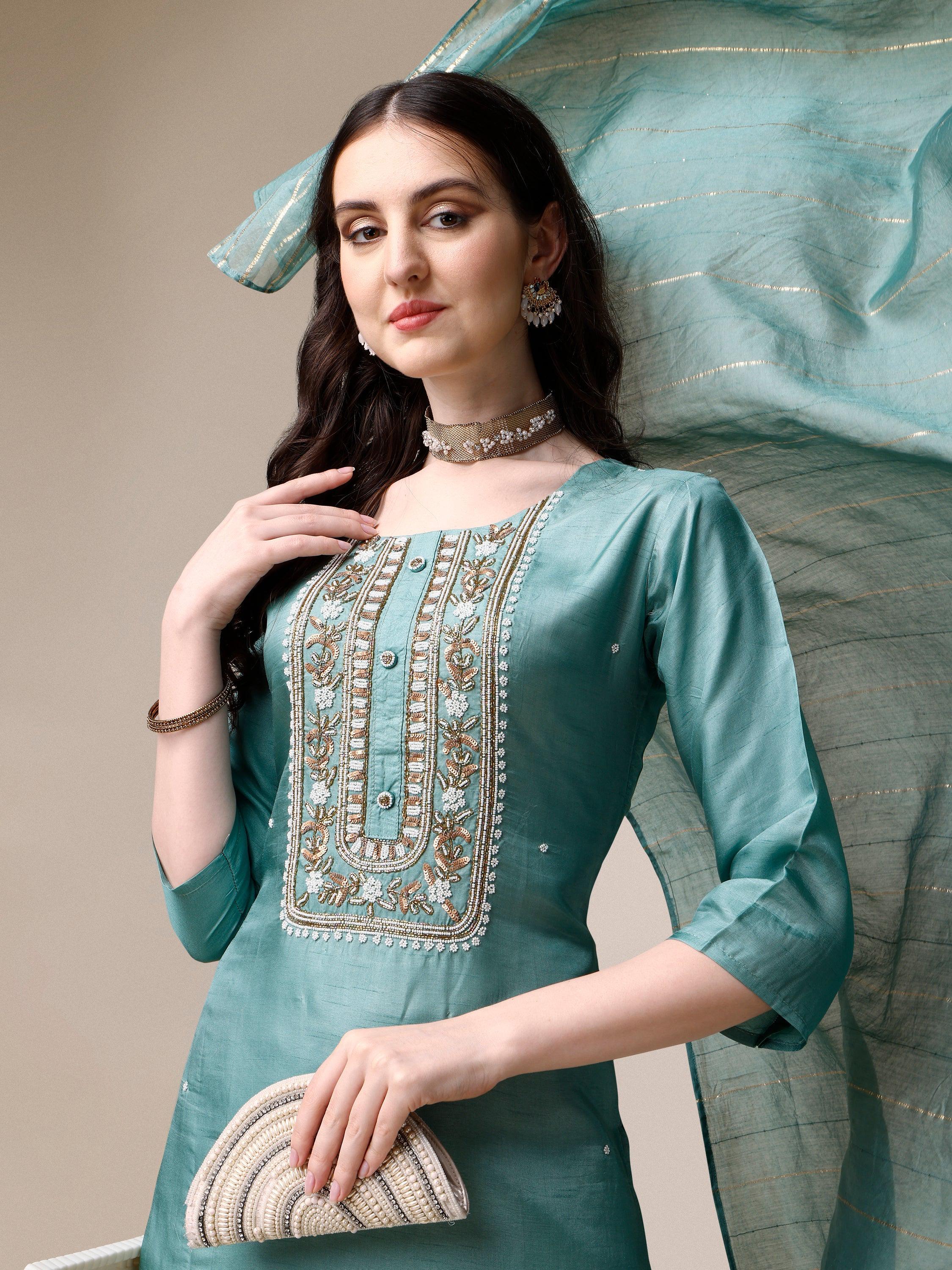 Embroidered Kurta With Pant & Dupatta Set, Multicolor - Hiral Fashion - Distacart