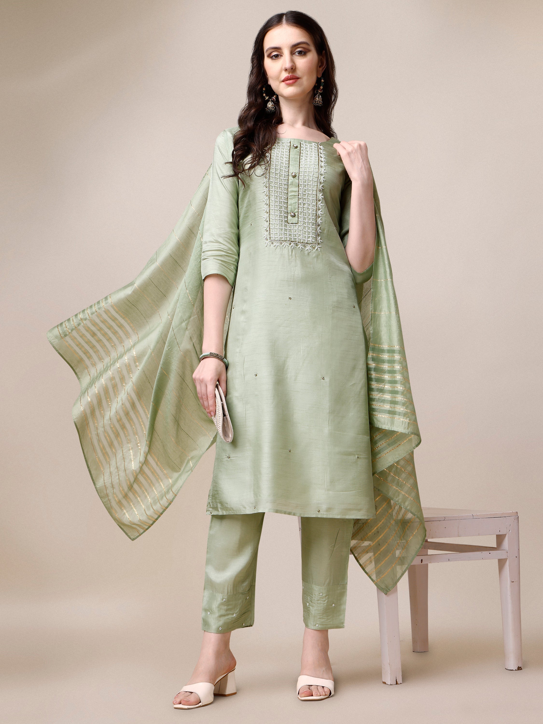 Embroidered Kurta With Pant & Dupatta Set, Multicolor - Hiral Fashion - Distacart
