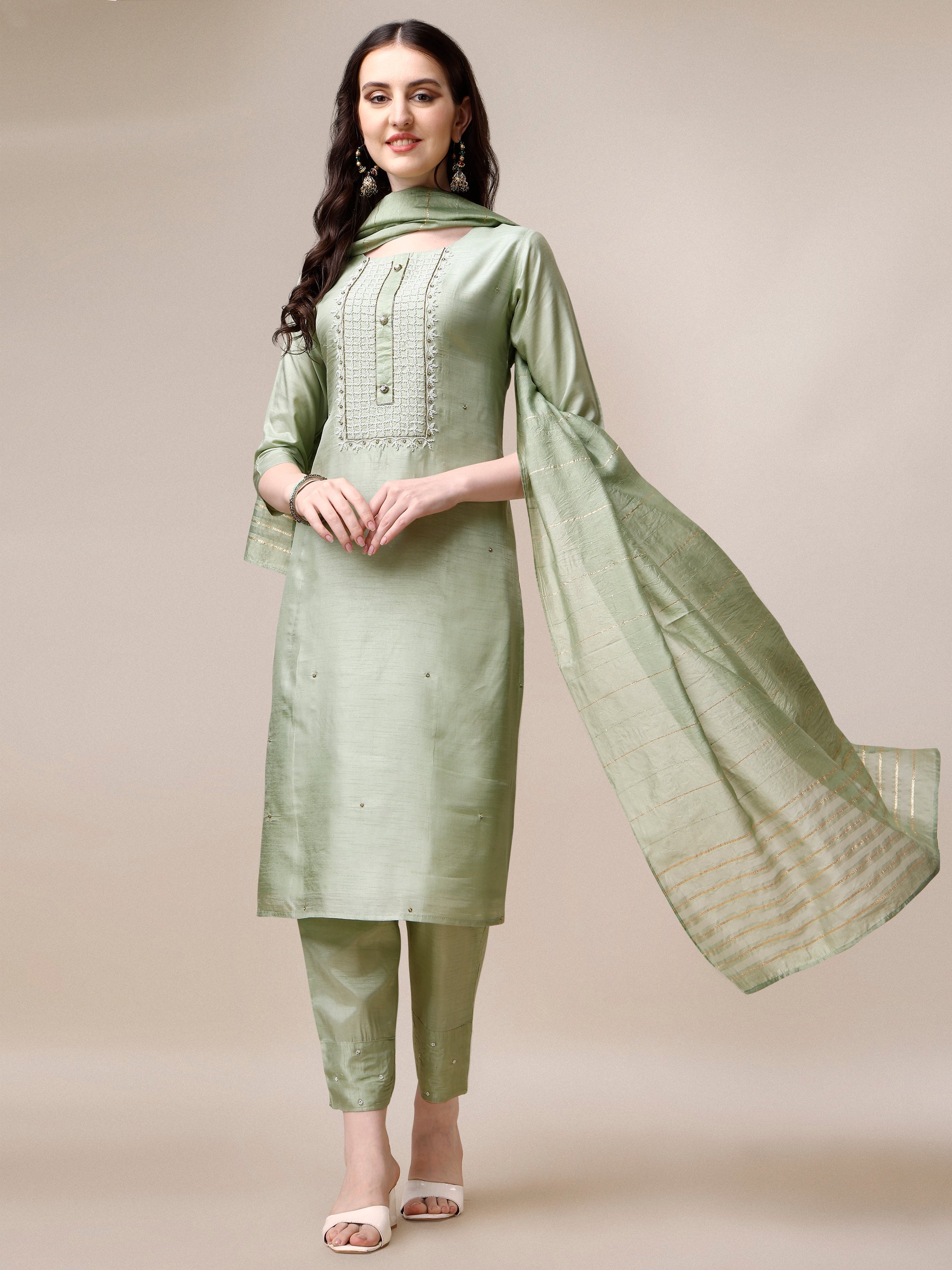 Embroidered Kurta With Pant & Dupatta Set, Multicolor - Hiral Fashion - Distacart