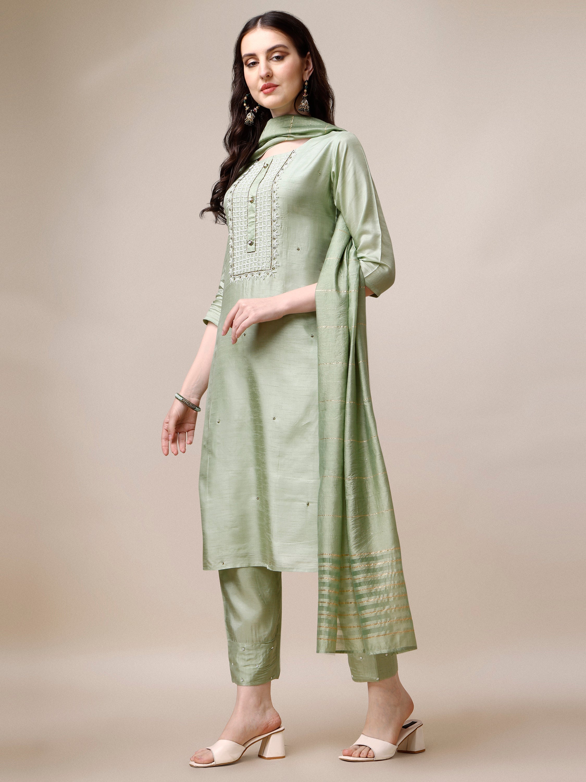 Embroidered Kurta With Pant & Dupatta Set, Multicolor - Hiral Fashion - Distacart