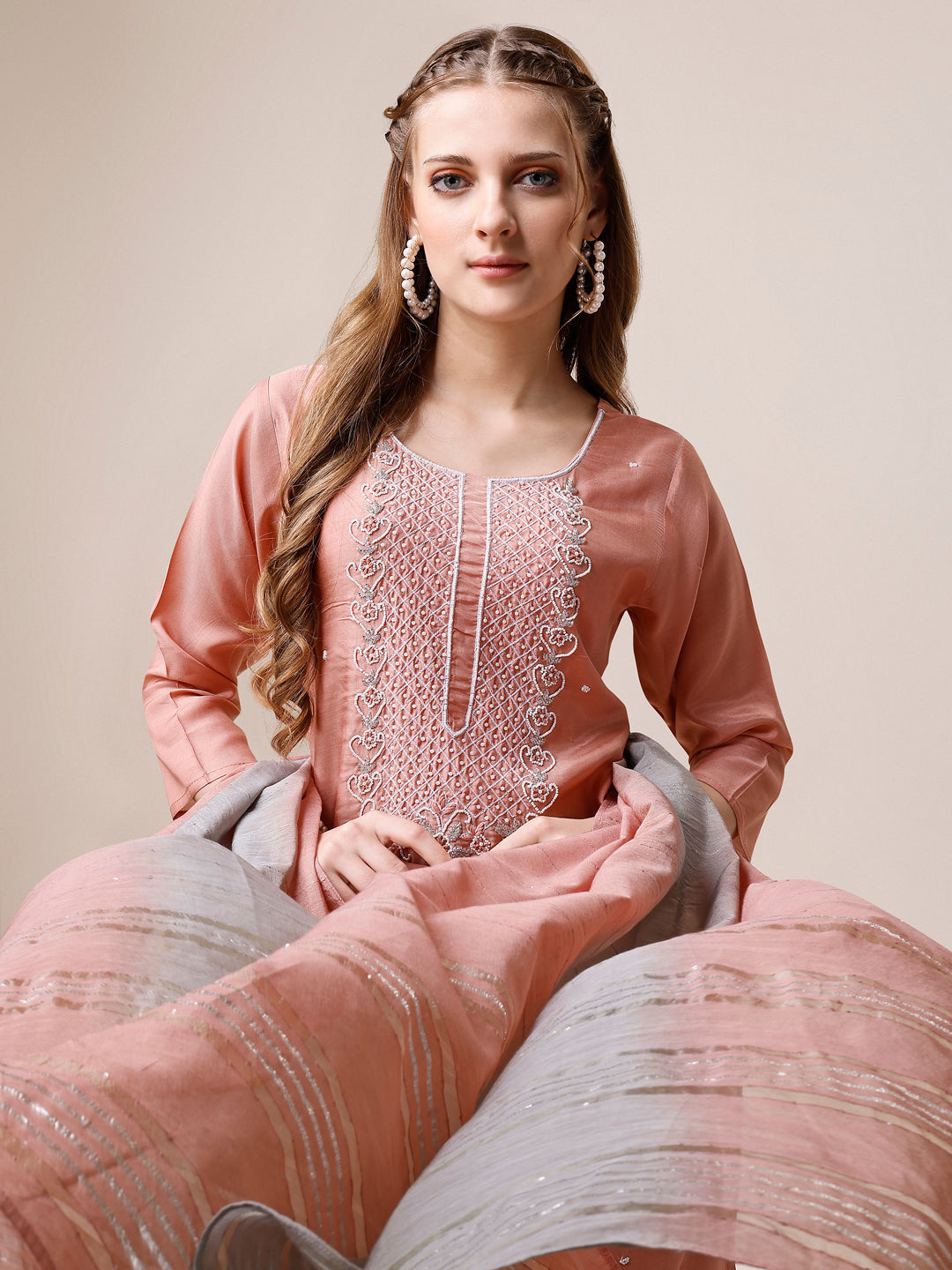 Embroidered Kurta With Pant And Dupatta Set, Multicolor - Hiral Fashion - Distacart
