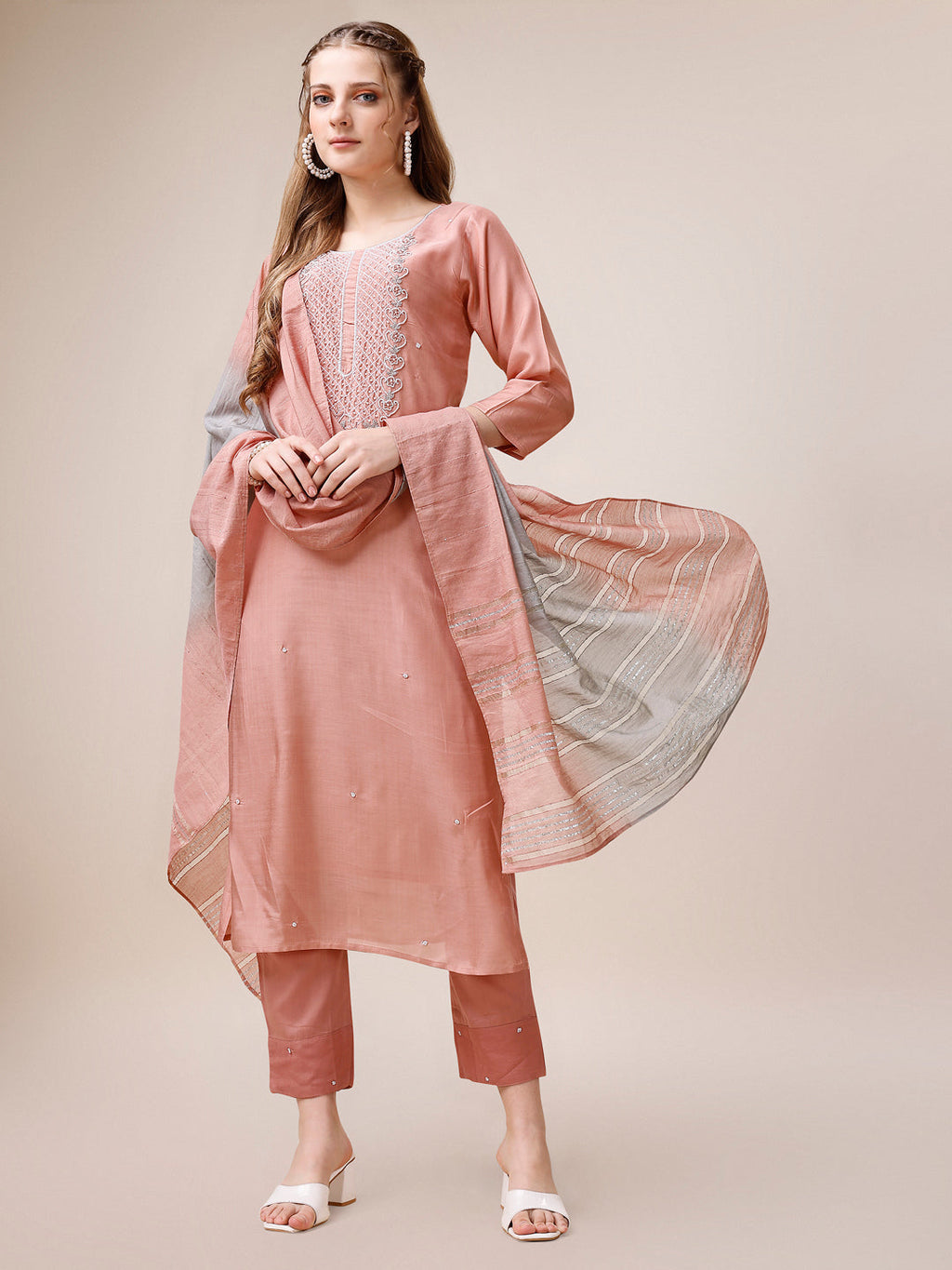 Embroidered Kurta With Pant And Dupatta Set, Multicolor - Hiral Fashion - Distacart