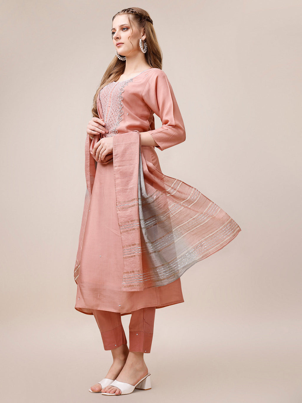 Embroidered Kurta With Pant And Dupatta Set, Multicolor - Hiral Fashion - Distacart