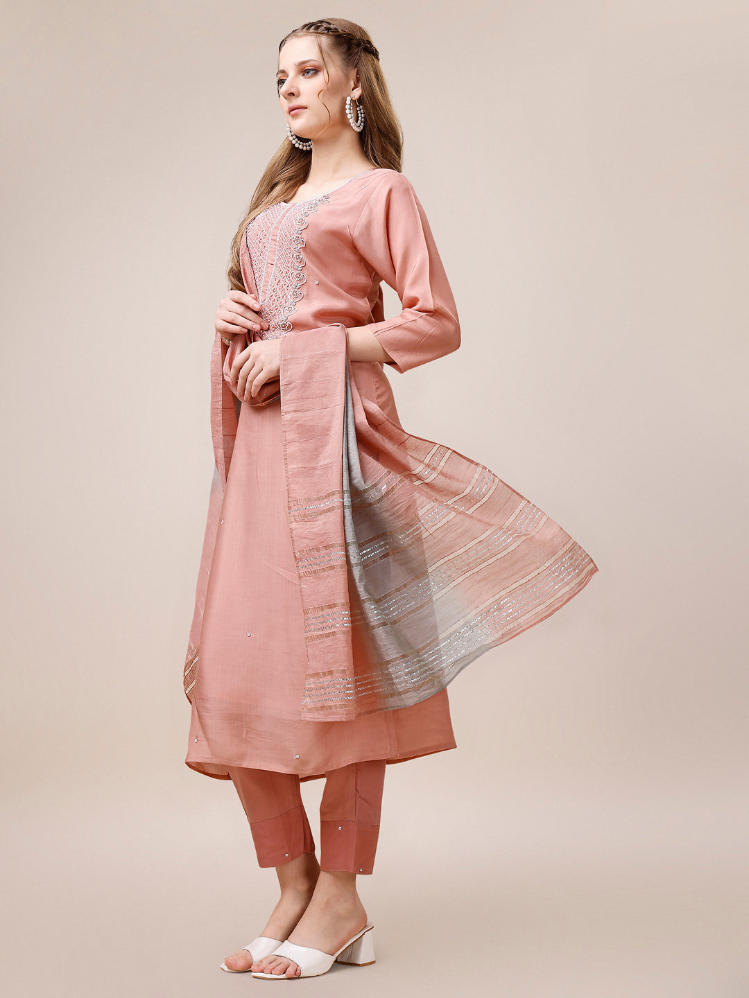 Embroidered Kurta With Pant And Dupatta Set, Multicolor - Hiral Fashion - Distacart