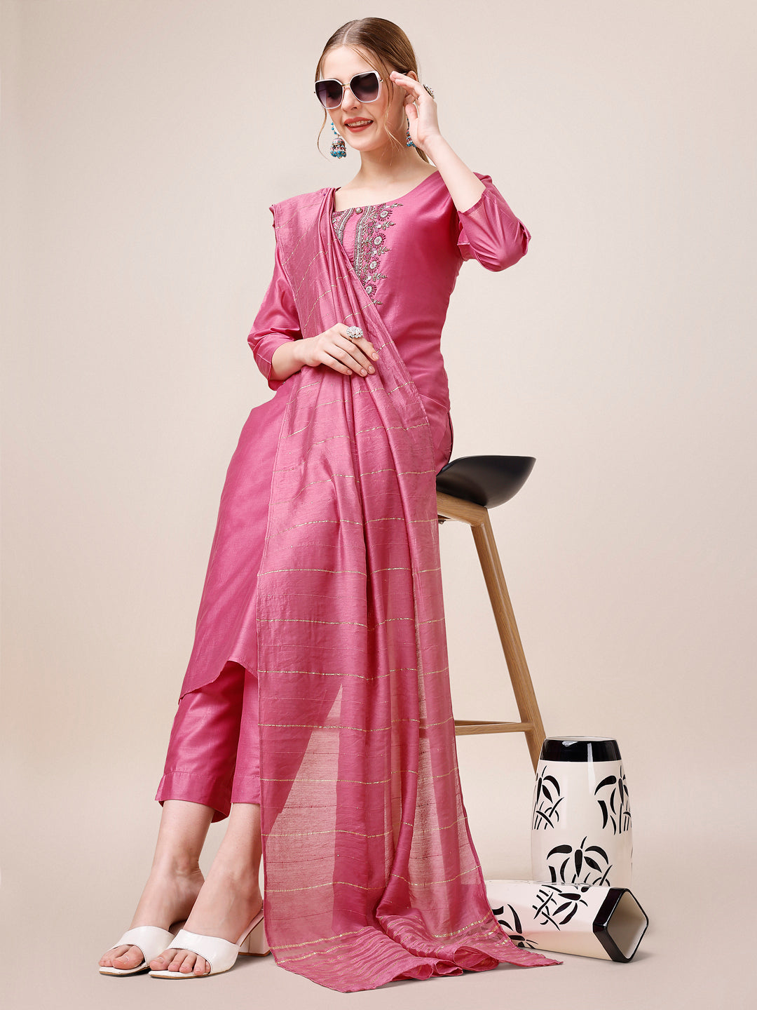 Embroidered Kurta With Pant And Dupatta Set, Multicolor - Hiral Fashion