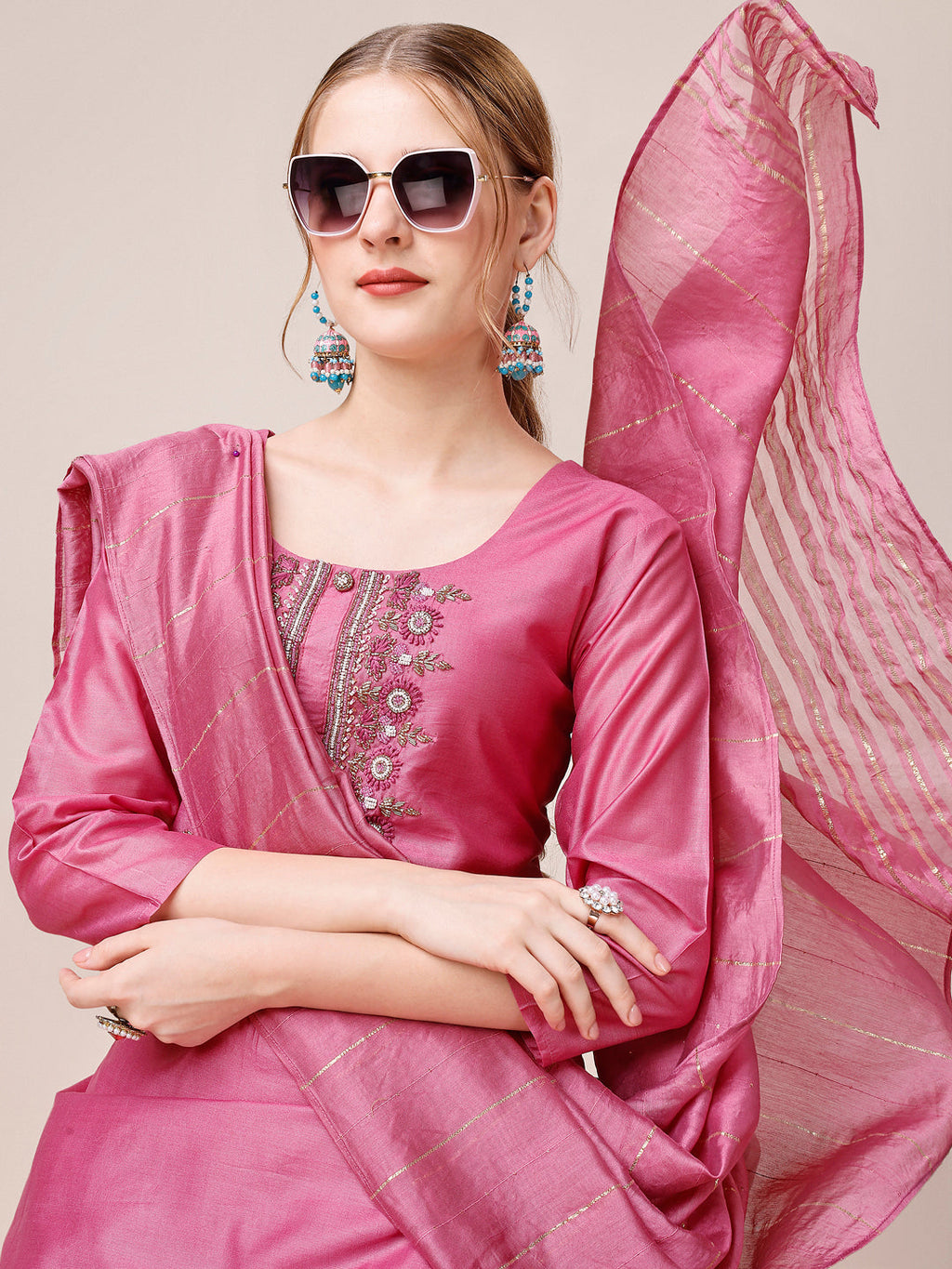 Embroidered Kurta With Pant And Dupatta Set, Multicolor - Hiral Fashion