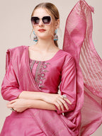 Embroidered Kurta With Pant And Dupatta Set, Multicolor - Hiral Fashion