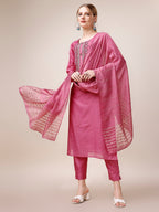 Embroidered Kurta With Pant And Dupatta Set, Multicolor - Hiral Fashion